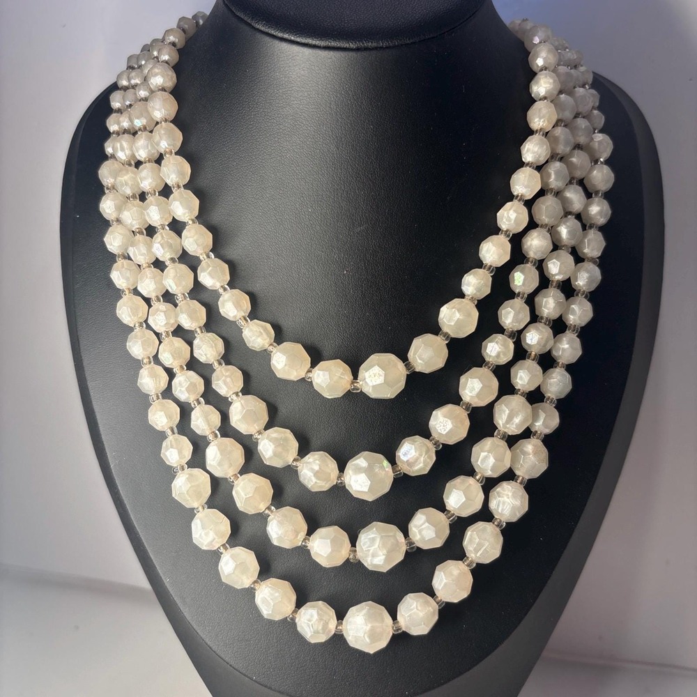 Vintage 4 Strand AB Faceted Faux Pearl Lucite Bead Necklace Adjustable 18"